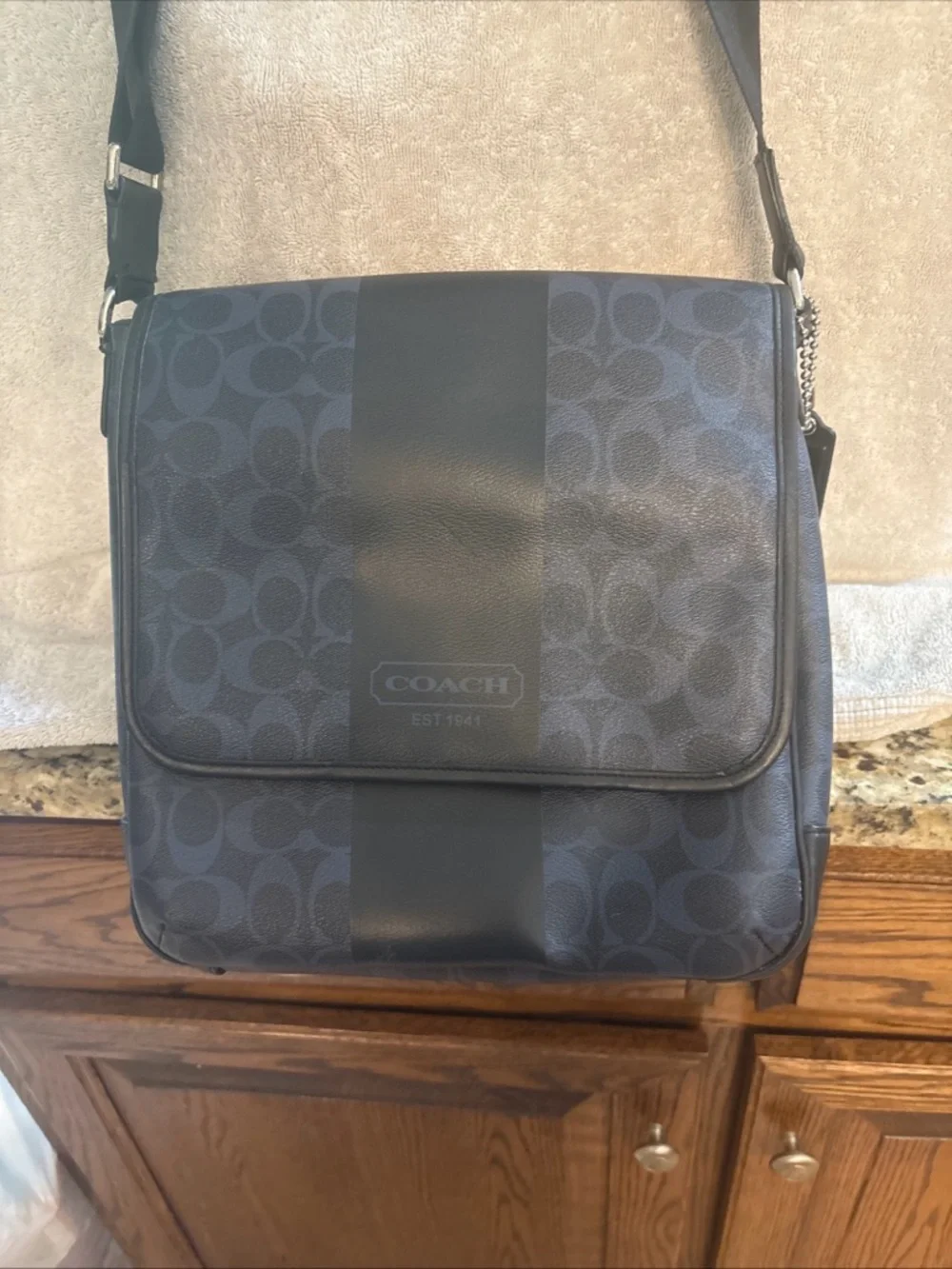 Coach Men’s Black Signature Stripe Messenger Bag